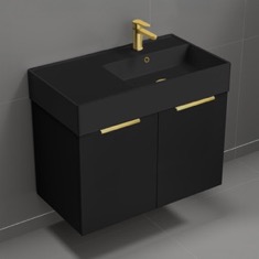 Black Floating Bathroom Vanity, 32 inch, Modern, Matte Black, Gold Handles